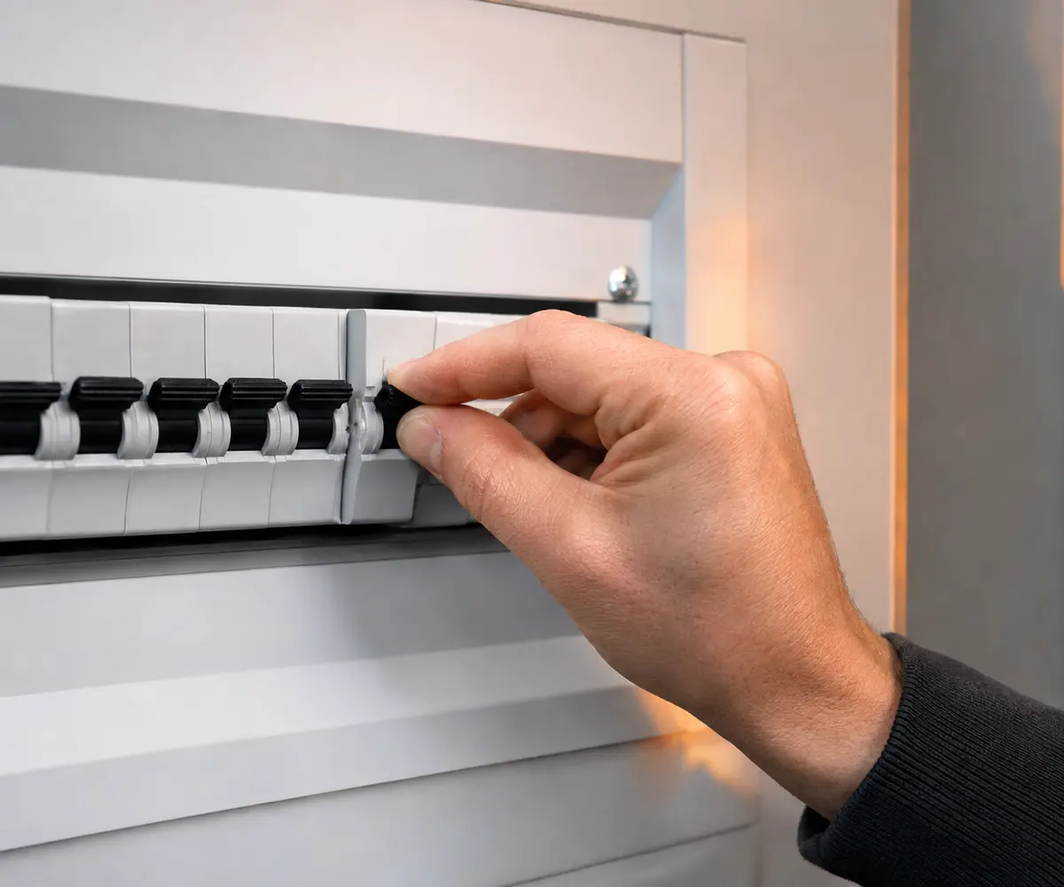 Electrician safely switching a circuit breaker in a modern consumer unit